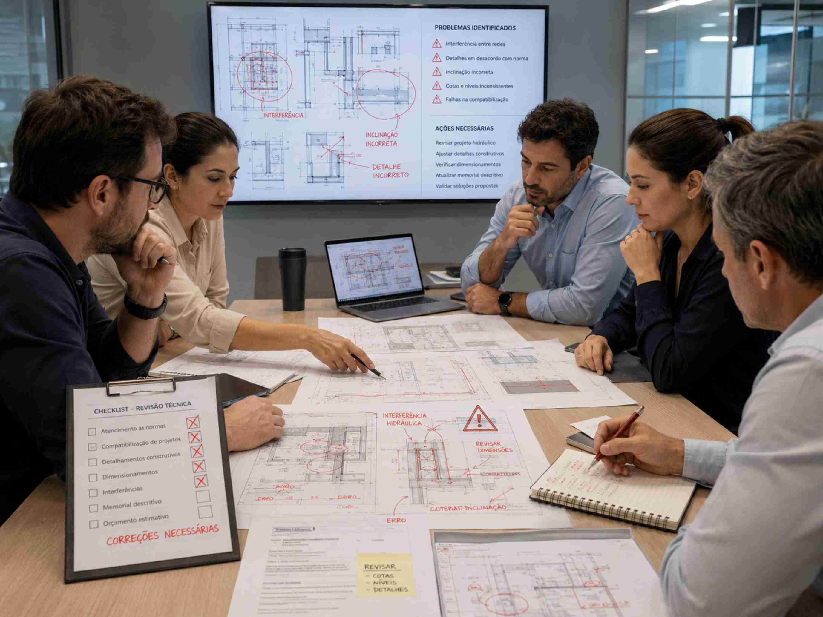 Equipe revisando projeto de engenharia